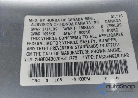 2016 Honda Civic Lx-P from USA, damaged, VIN 2HGFC4B02GH311779